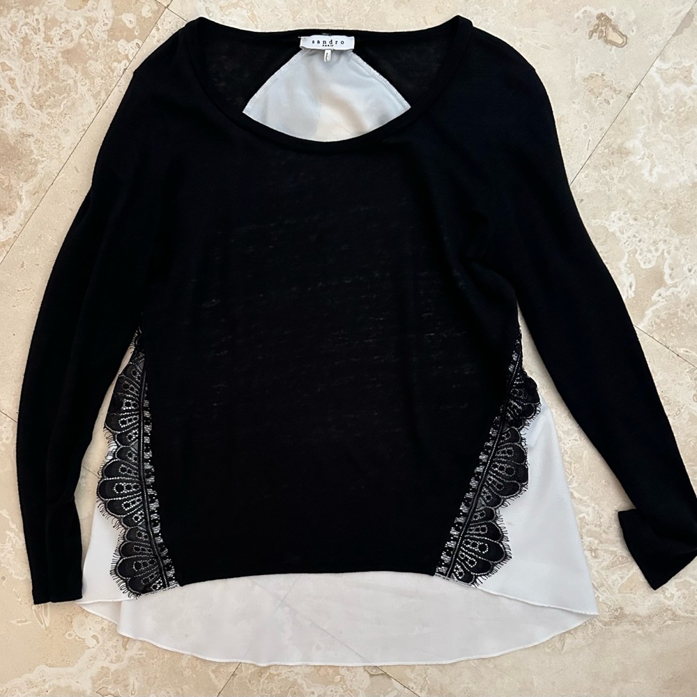 SANDRO TOP LINEN FRONT LACE DETAIL SILKY BACK SIZE 2